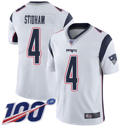 New England Patriots Limited White Men #4 Jarrett Stidham Road NFL Jersey 100th Season